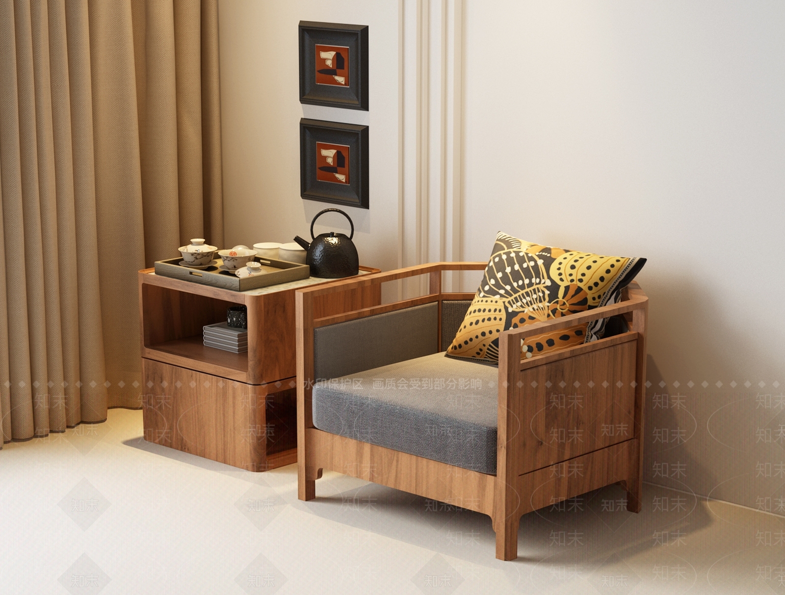 新中式中古单人沙发3D模型下载【ID:1200138741】