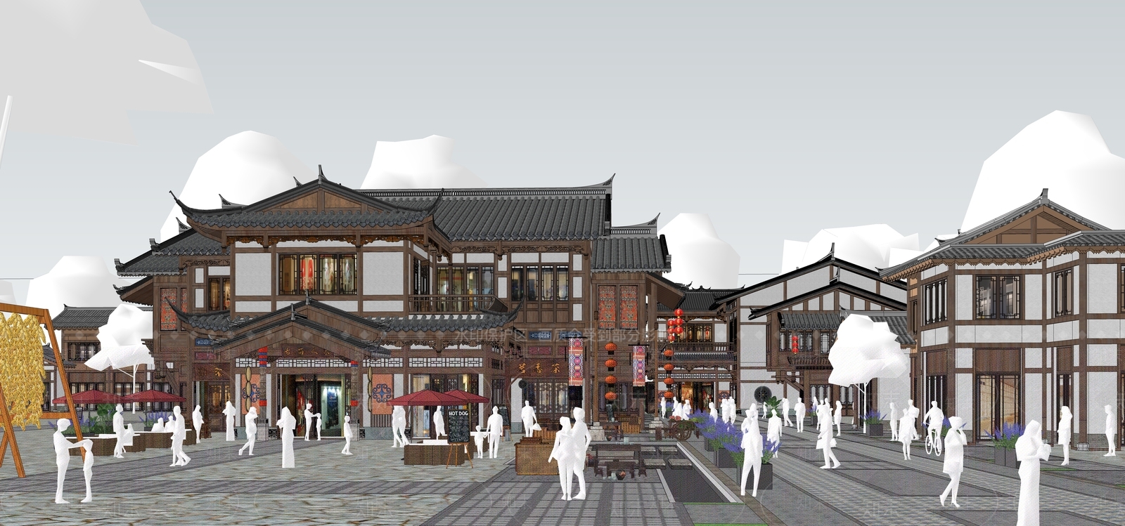 中式新中式餐饮建筑SU模型下载【ID:1200148708】