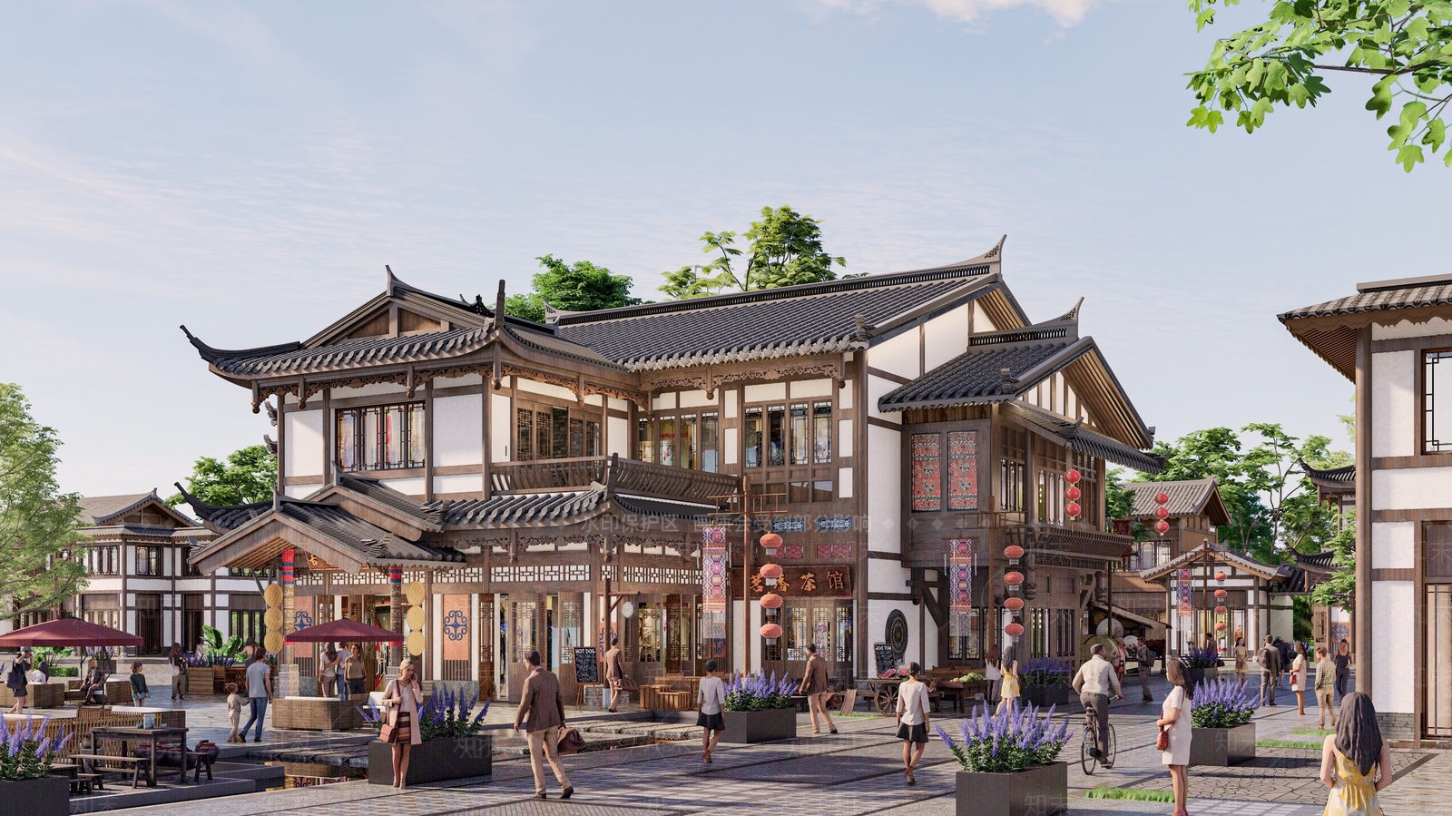 中式新中式餐饮建筑SU模型下载【ID:1200148708】