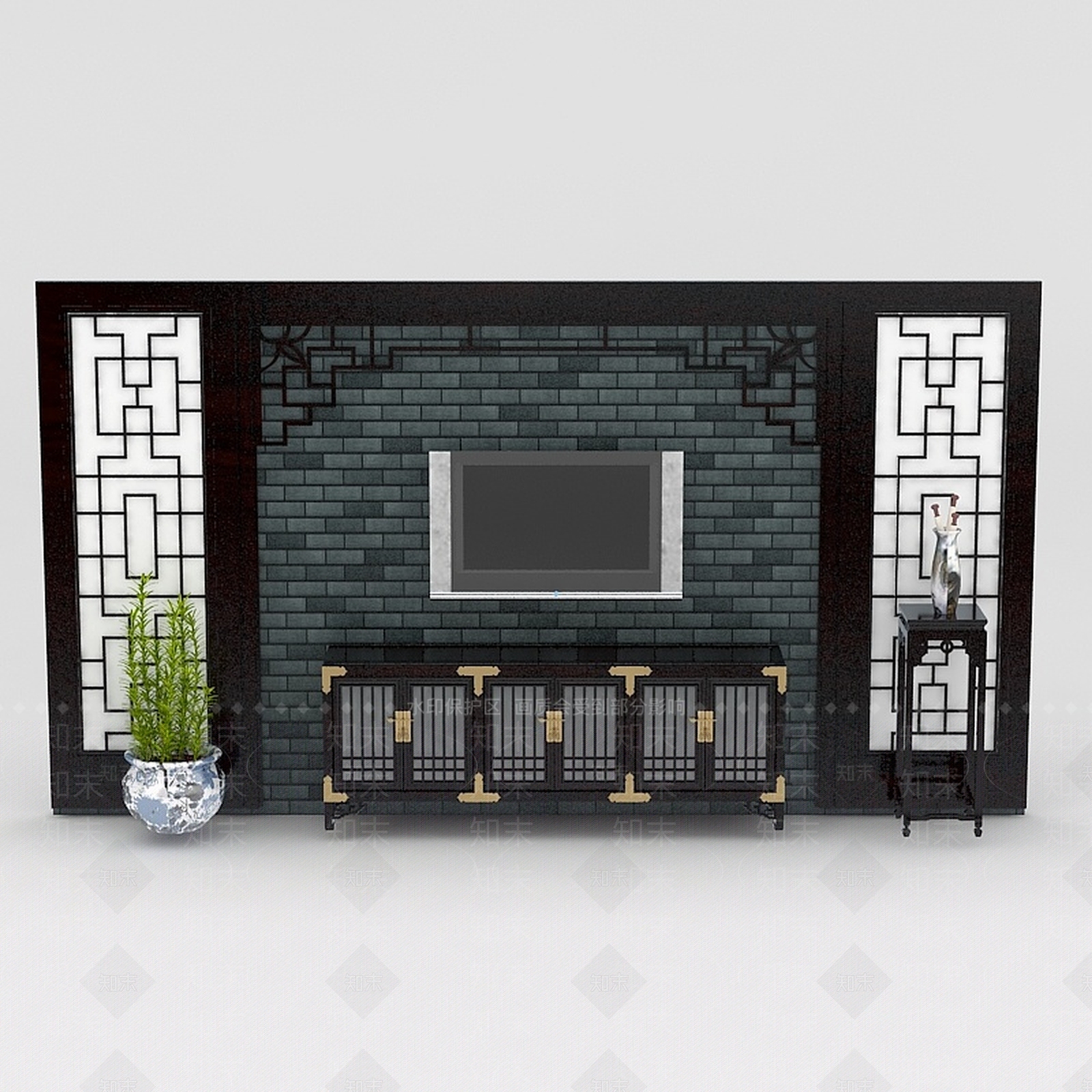 中式客厅电视背景墙3D模型下载【ID:1200172648】