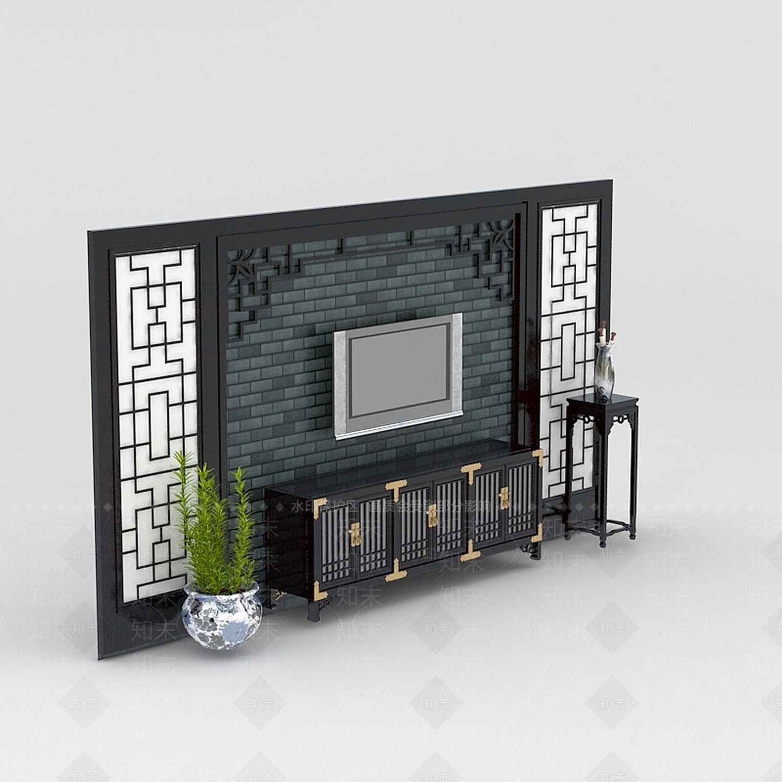中式客厅电视背景墙3D模型下载【ID:1200172648】