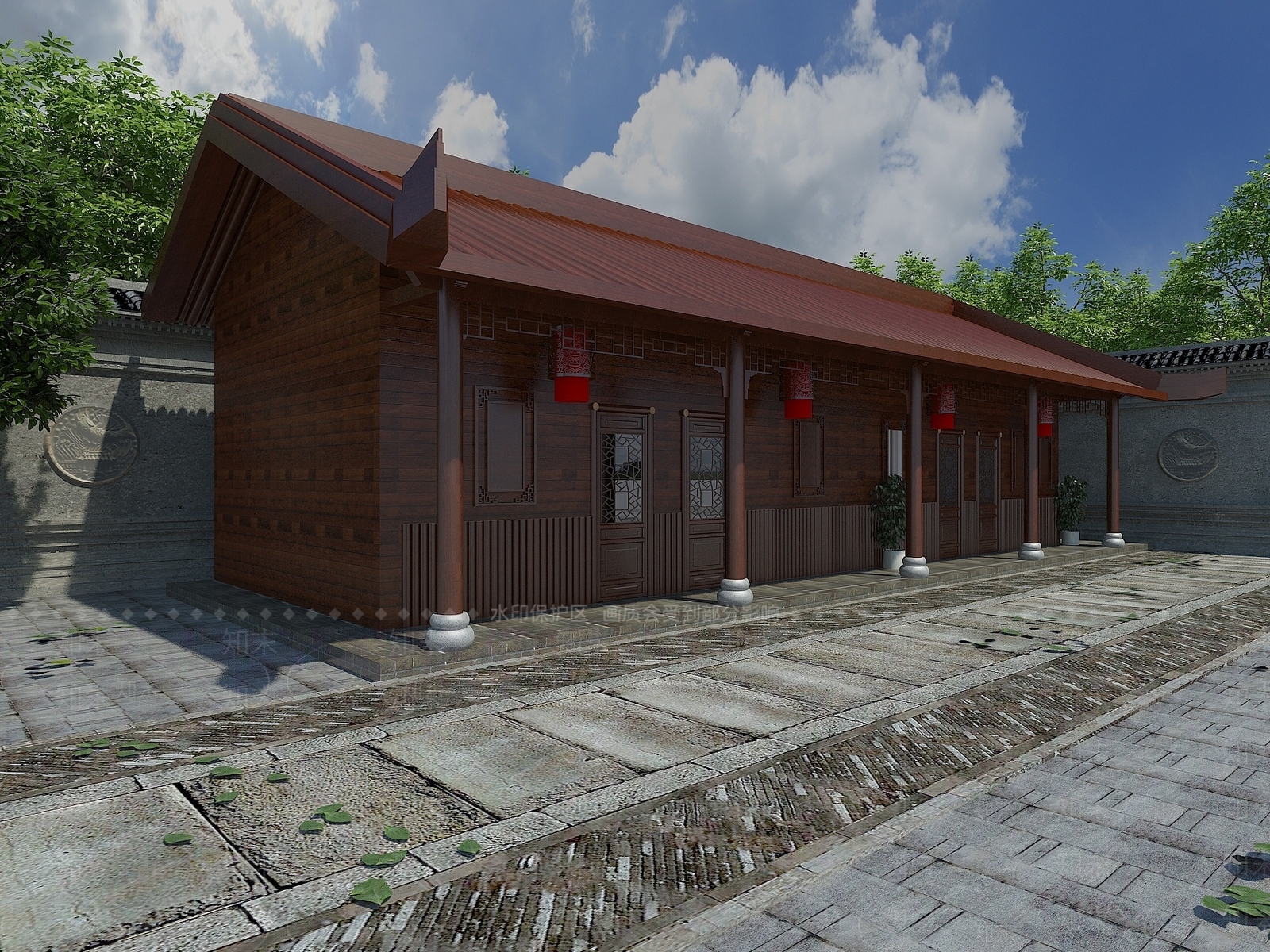中式木屋围墙建筑3D模型下载【ID:1200173012】