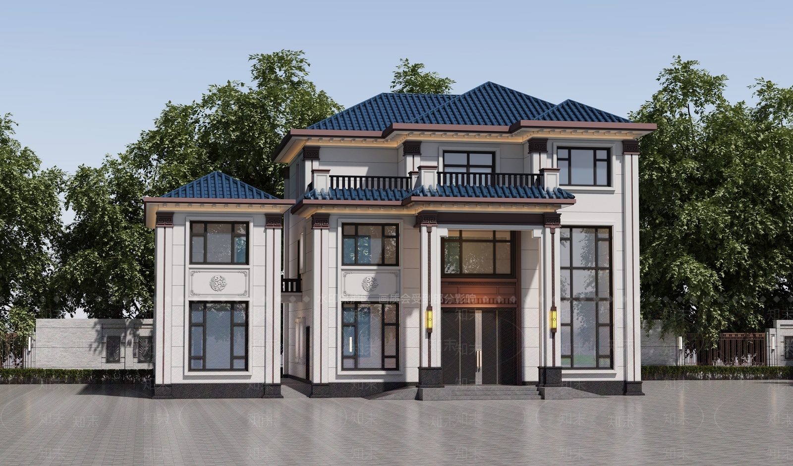 新中式中式别墅外观3D模型下载【ID:1200178218】