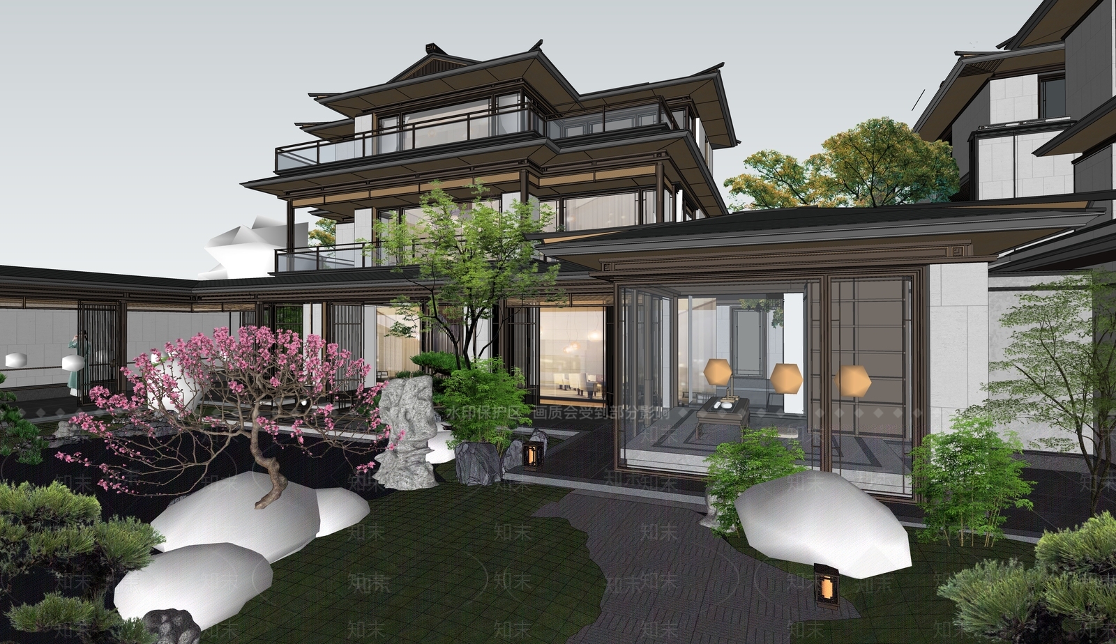 新中式独栋别墅SU模型下载【ID:1200227856】