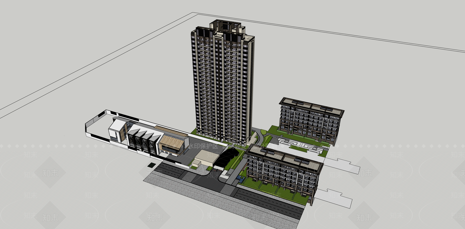 现代新中式小区建筑SU模型下载【ID:1200270173】