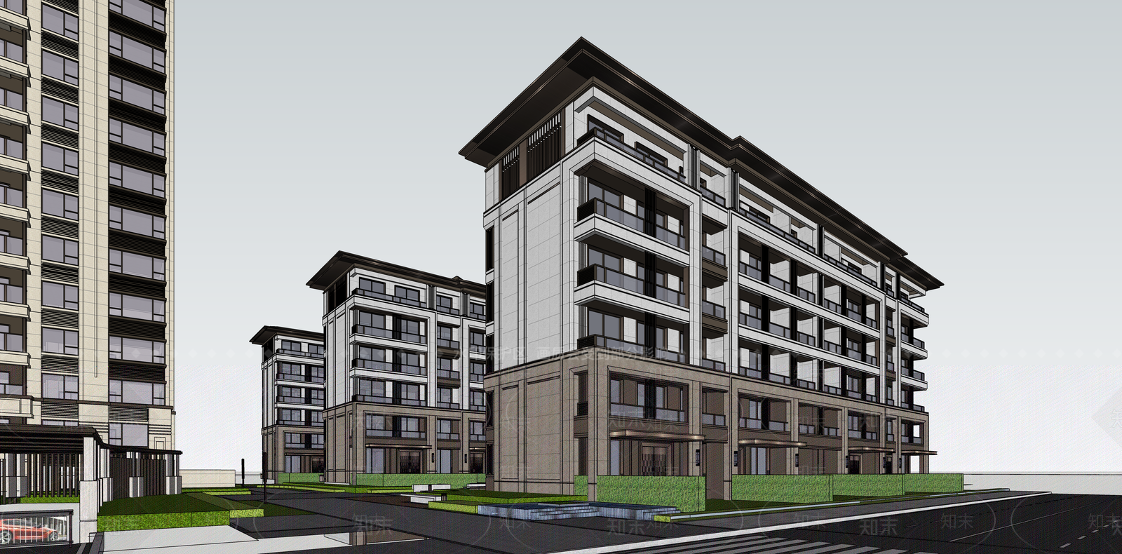 现代新中式小区建筑SU模型下载【ID:1200270173】