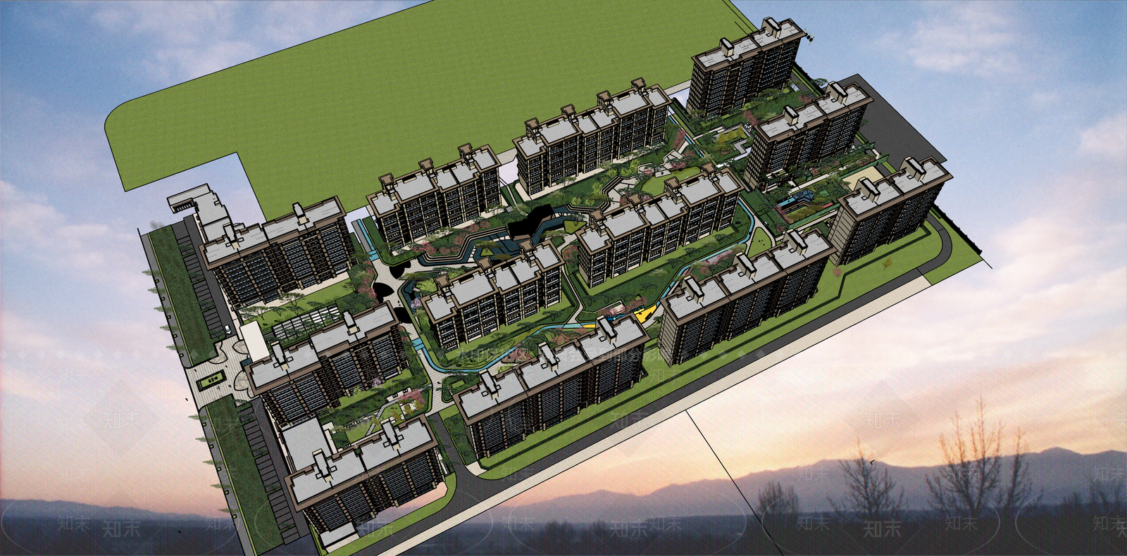 现代新中式小区建筑SU模型下载【ID:1200270430】