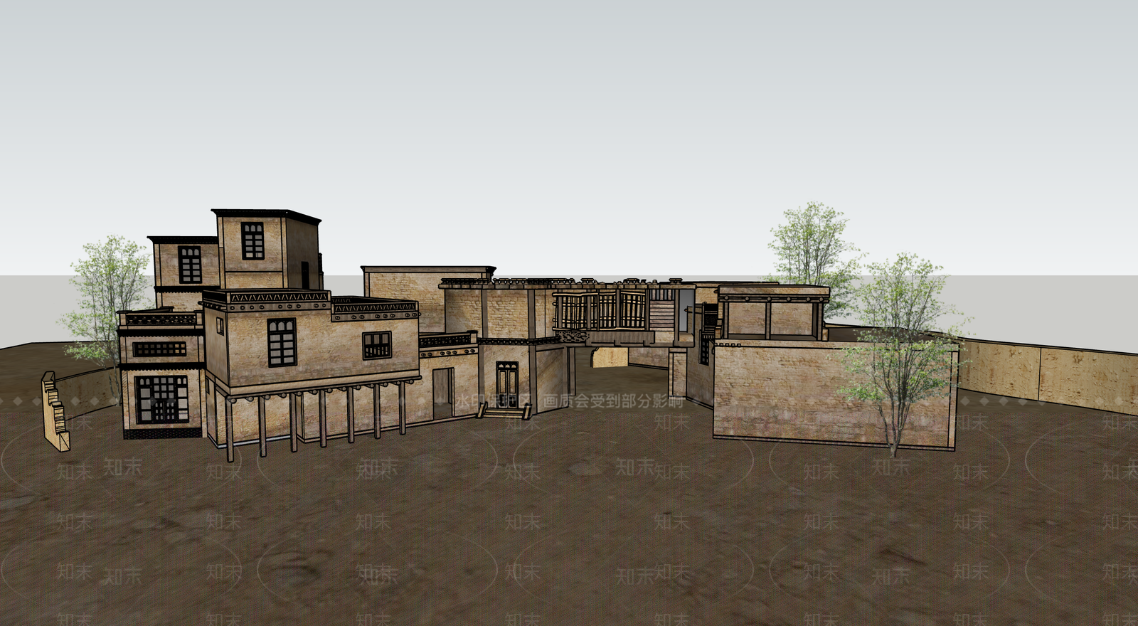 新中式风格建筑SU模型下载【ID:1200301666】
