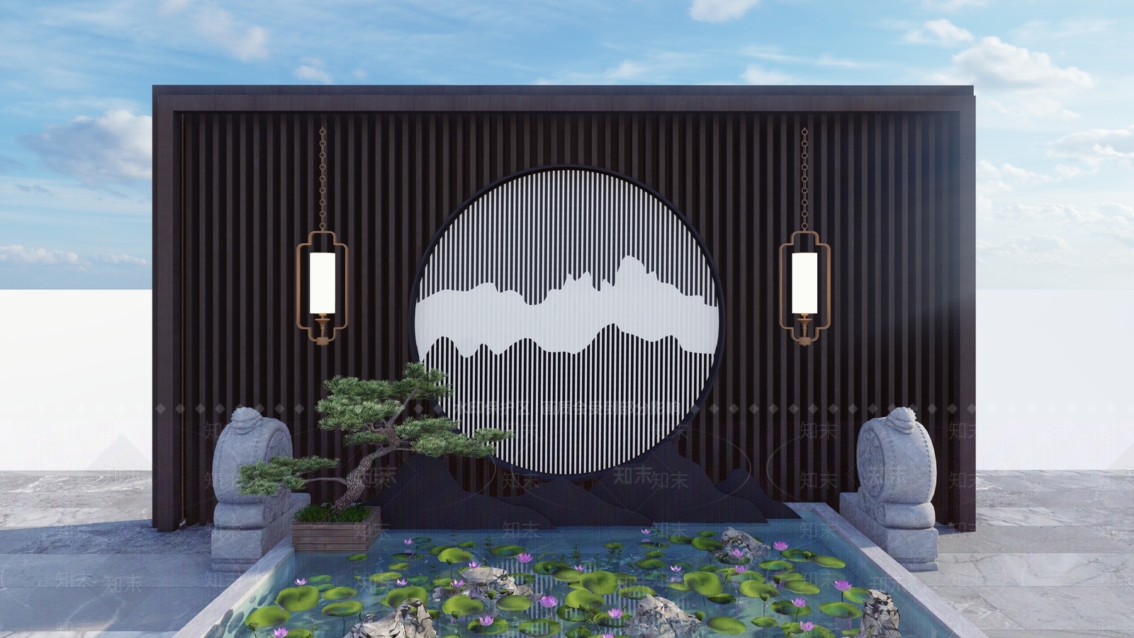 新中式中式景墙SU模型下载【ID:1200309882】