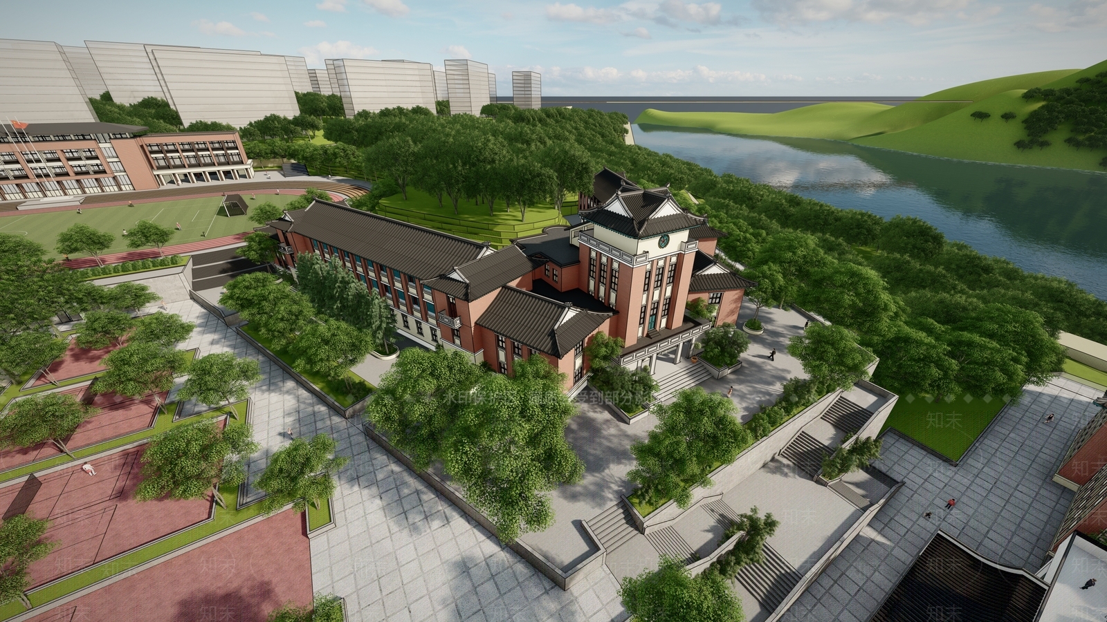 新中式中式学校建筑SU模型下载【ID:1200320008】