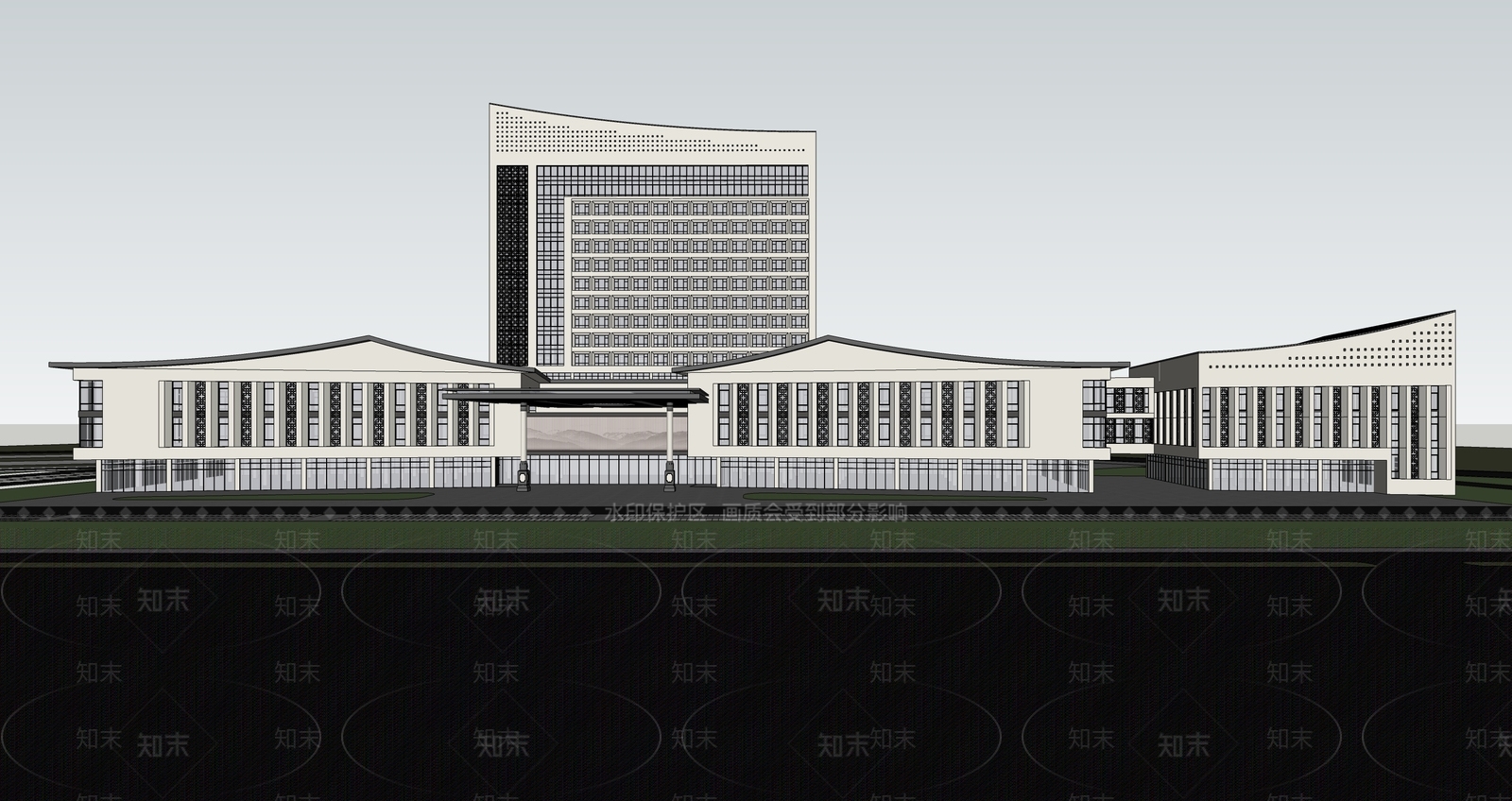 中式新中式医院建筑SU模型下载【ID:1200332011】