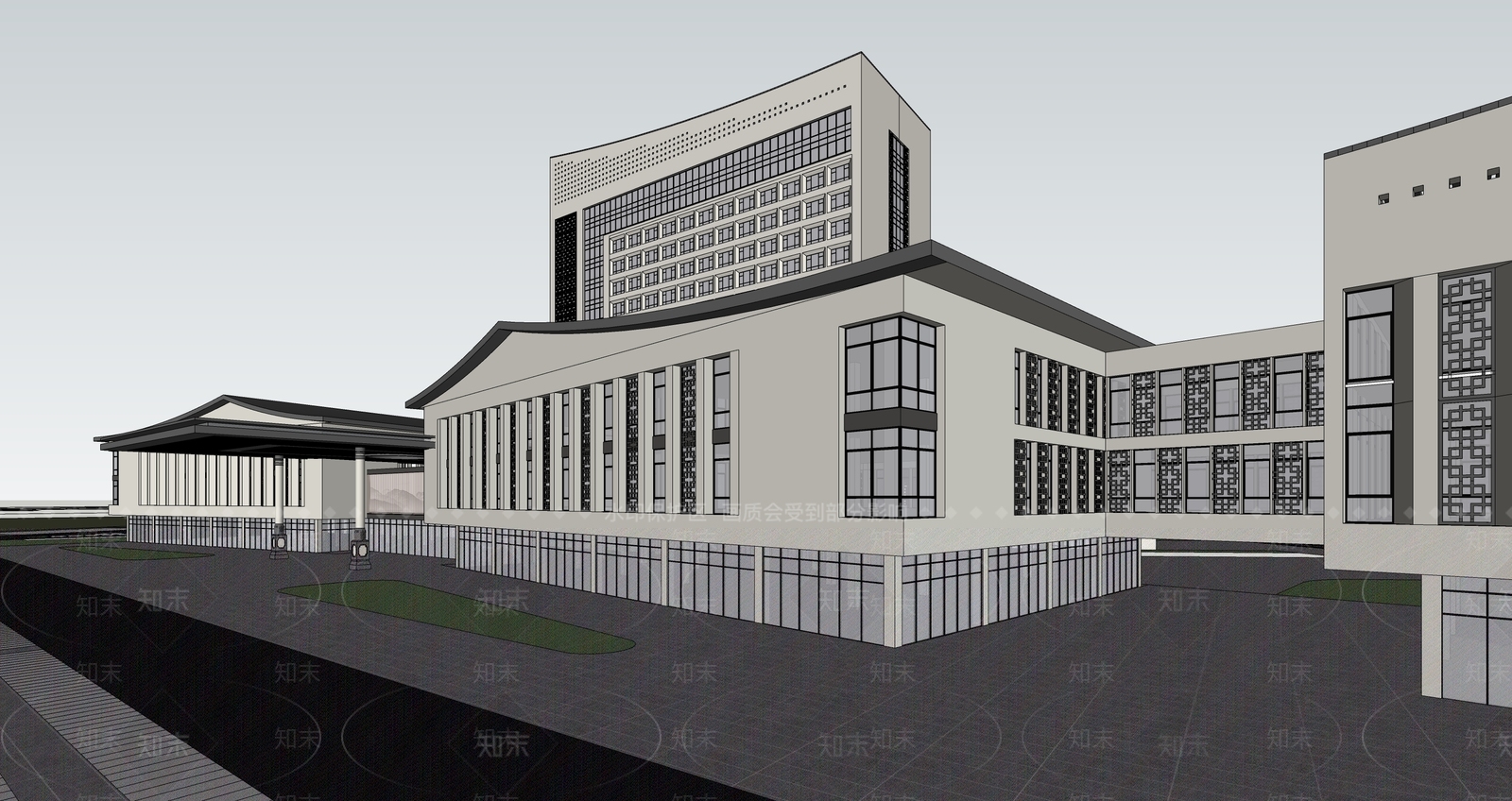中式新中式医院建筑SU模型下载【ID:1200332011】