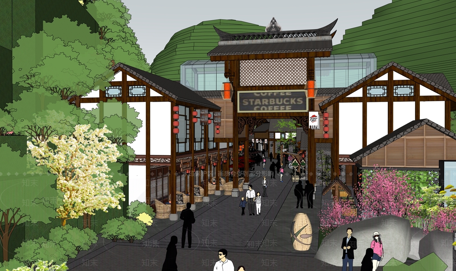 新中式中式酒店建筑SU模型下载【ID:1200357426】