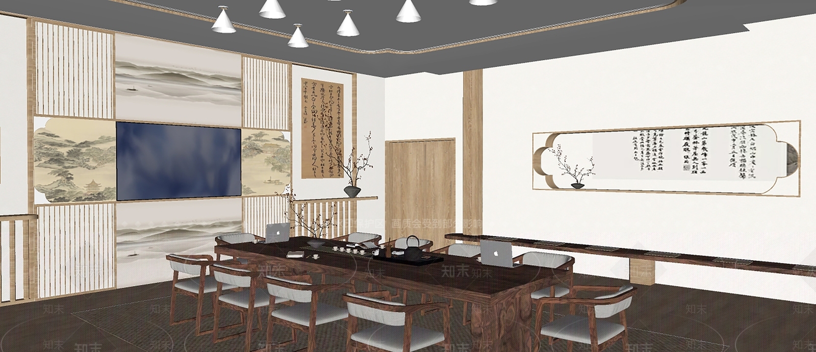 新中式原木会议室SU模型下载【ID:1200358256】