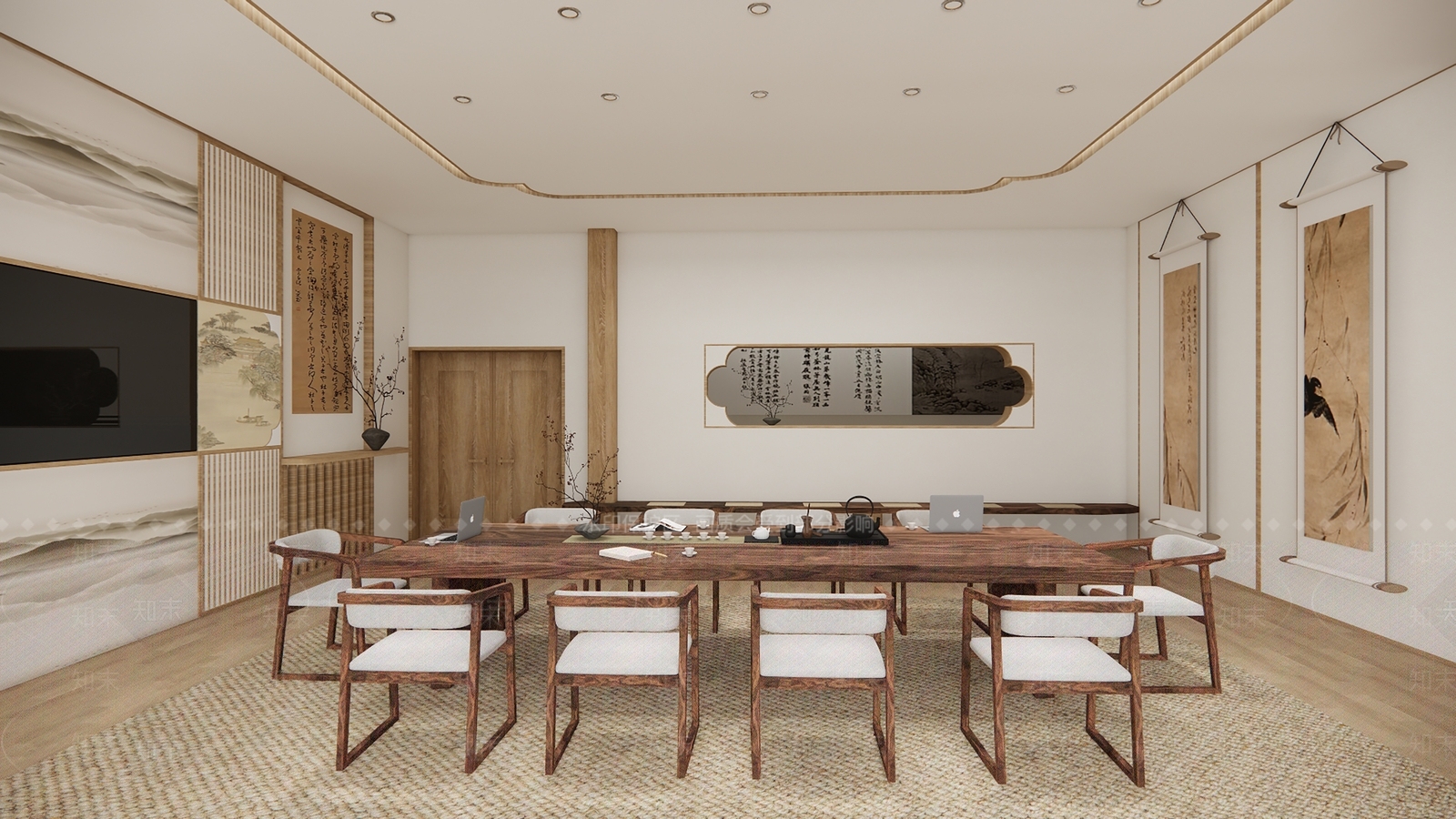 新中式原木会议室SU模型下载【ID:1200358256】