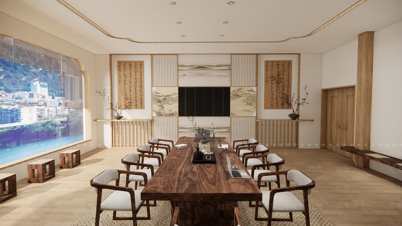 新中式原木会议室SU模型下载【ID:1200358256】