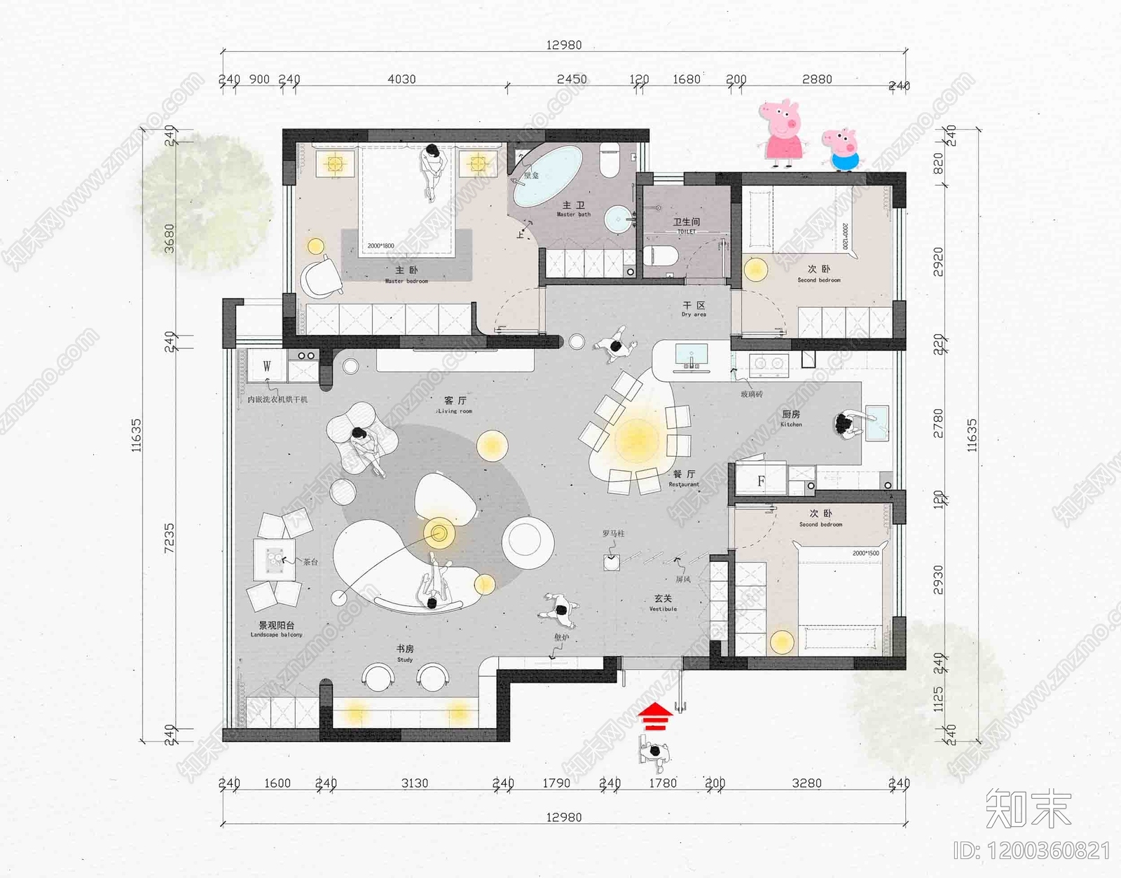 现代简约室内彩平图下载【ID:1200360821】