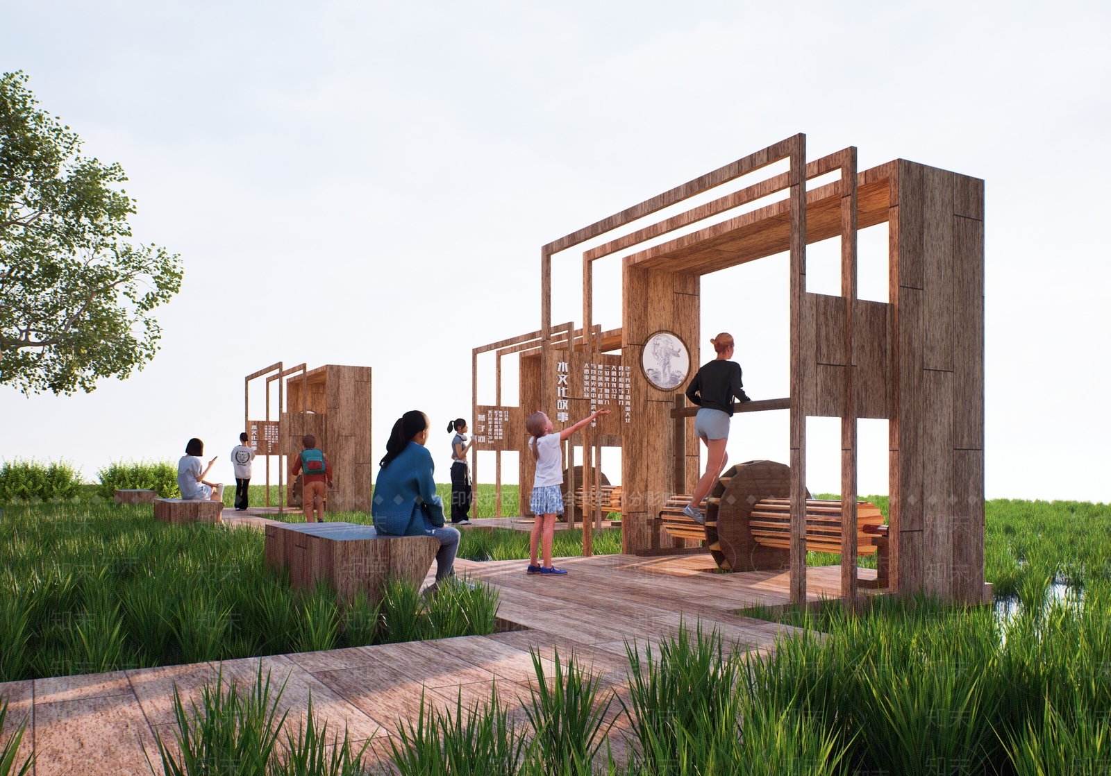 新中式滨水景观SU模型下载【ID:1200371625】