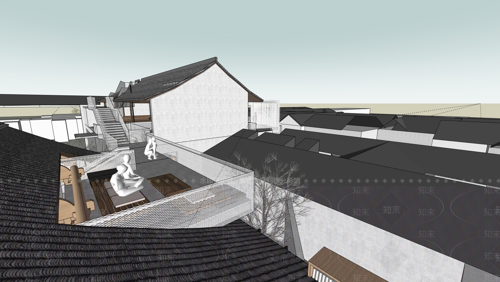中式新中式民宿建筑SU模型下载【ID:1200373525】