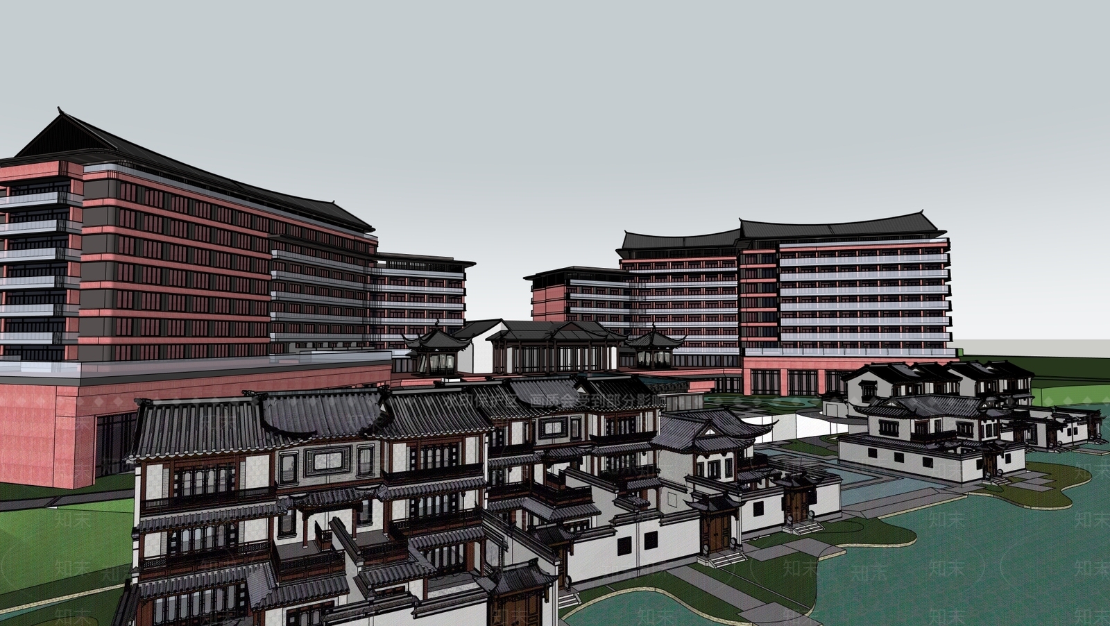新中式中式酒店建筑SU模型下载【ID:1200379439】