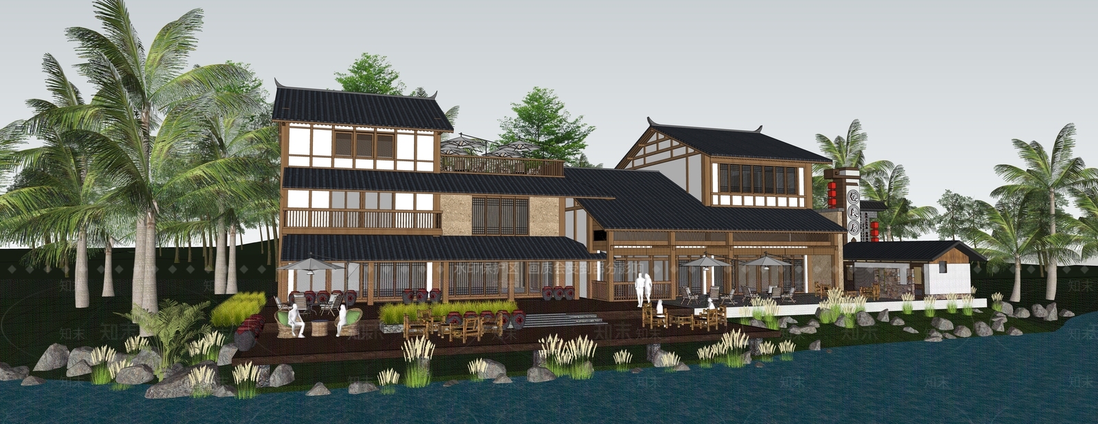 新中式民宿建筑SU模型下载【ID:1200379672】