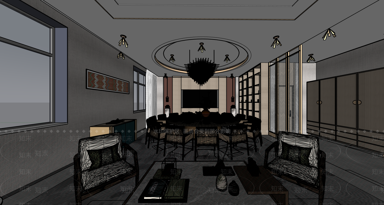 现代新中式酒店餐厅SU模型下载【ID:1200388055】