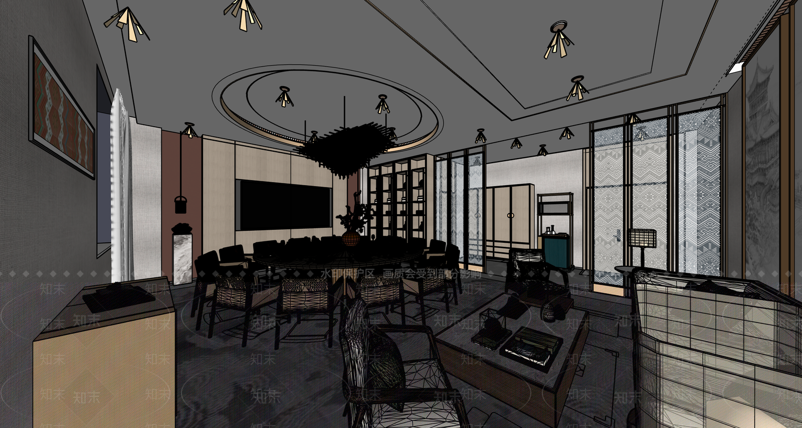 现代新中式酒店餐厅SU模型下载【ID:1200388055】