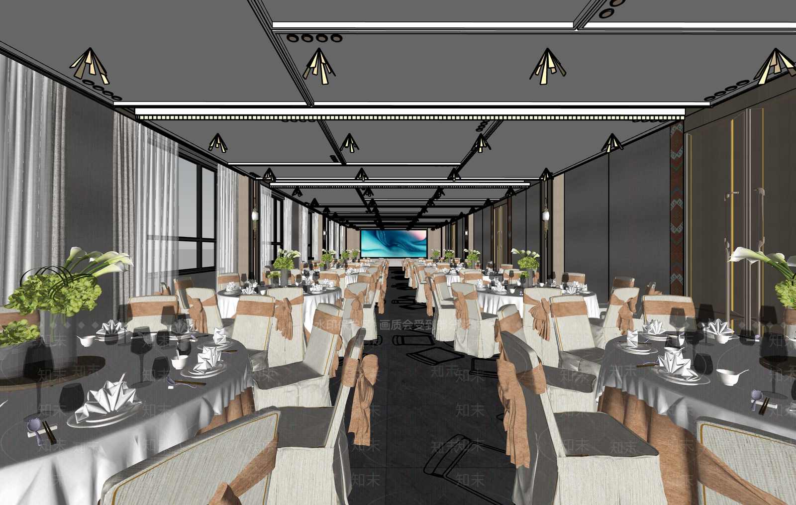 现代新中式宴会厅SU模型下载【ID:1200389499】