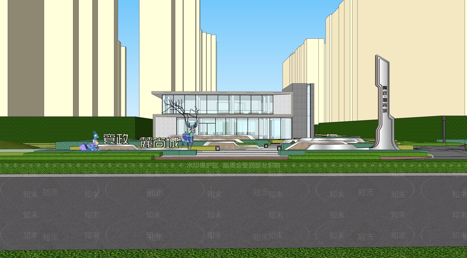 现代新中式小区景观SU模型下载【ID:1200390647】