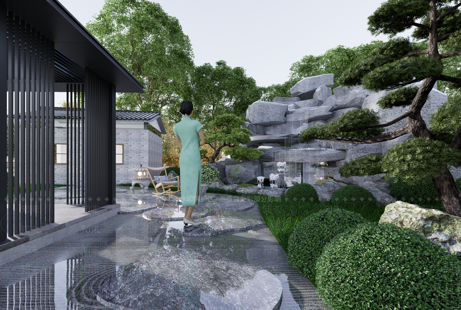 现代新中式别墅庭院SU模型下载【ID:1200405731】