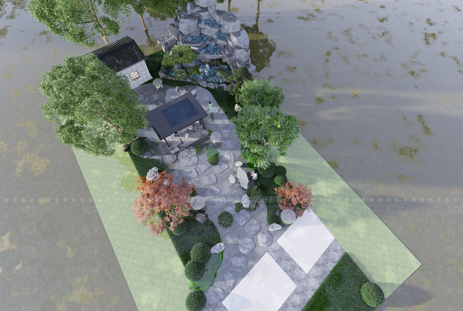 现代新中式别墅庭院SU模型下载【ID:1200405731】