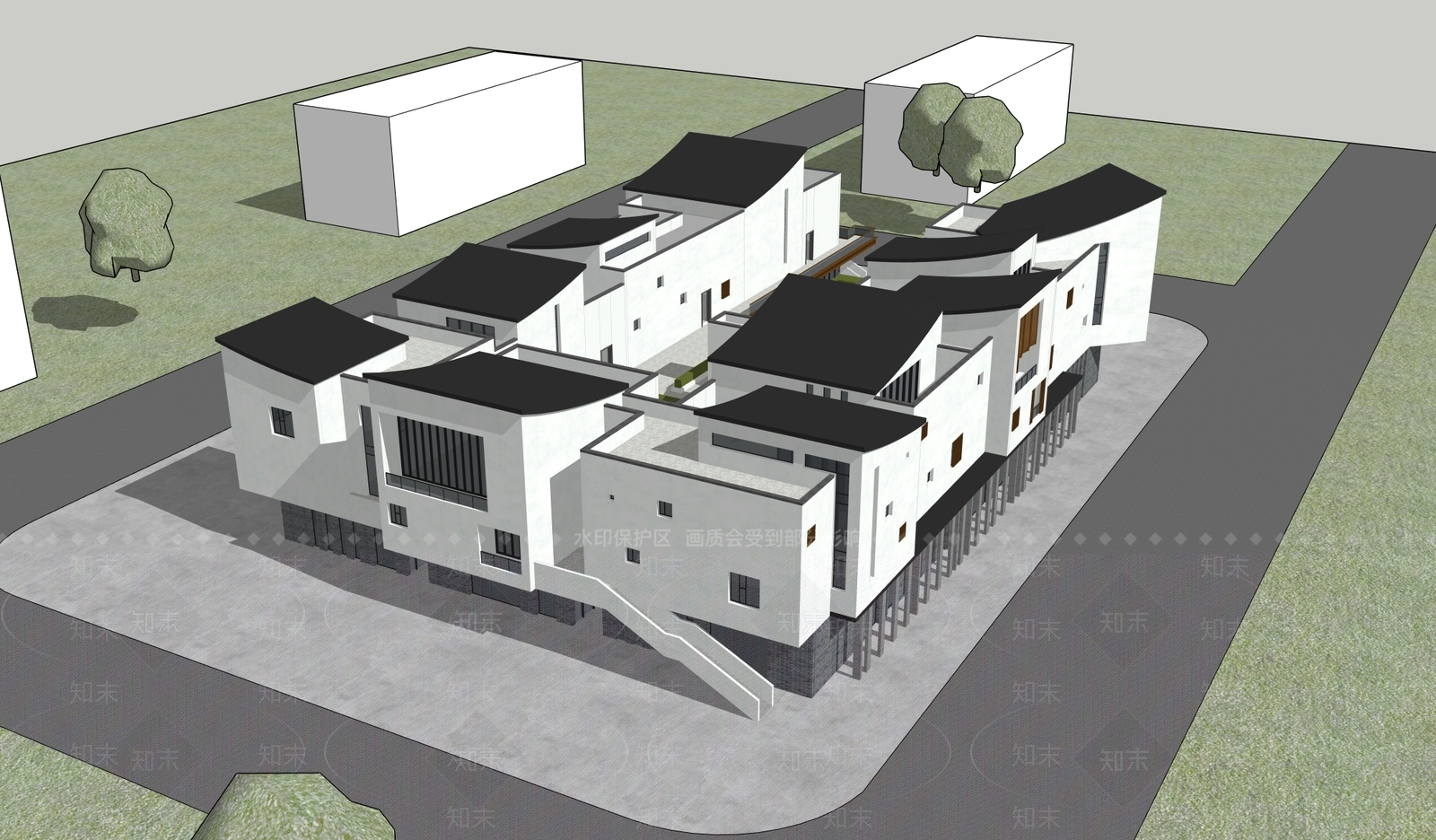 新中式中式民宿建筑SU模型下载【ID:1200412729】