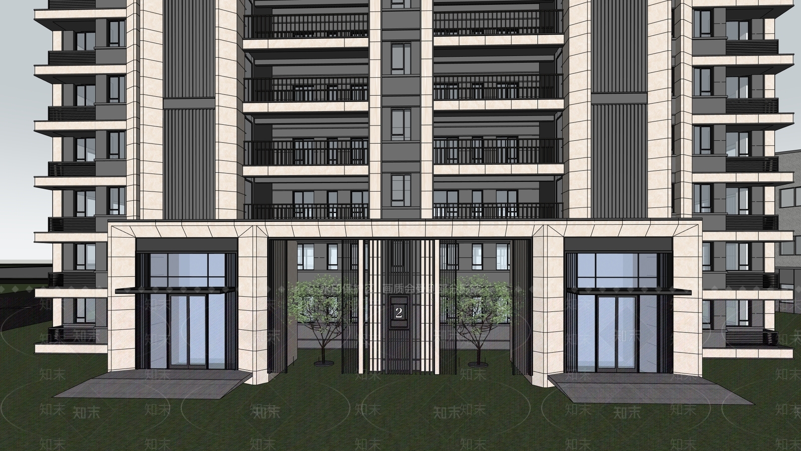 现代新中式商场建筑SU模型下载【ID:1200418781】