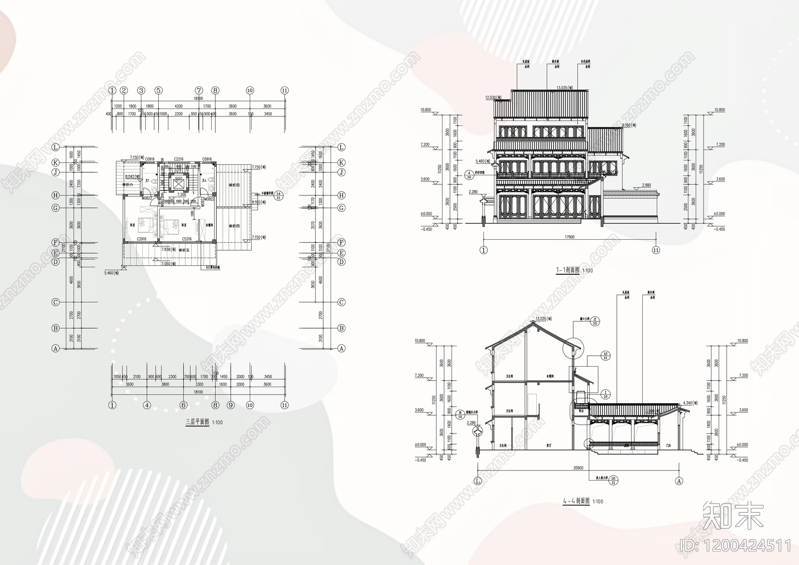 中式别墅建筑cad施工图下载【ID:1200424511】