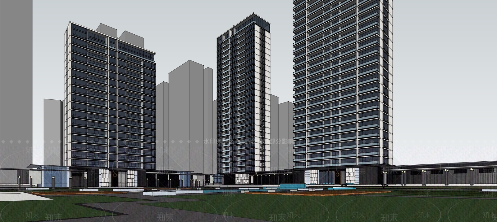 现代小区建筑SU模型下载【ID:1200471026】