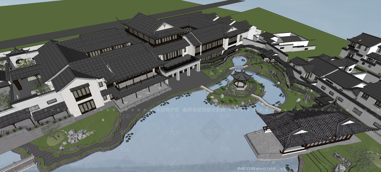 中式新中式售楼处建筑SU模型下载【ID:1200501252】