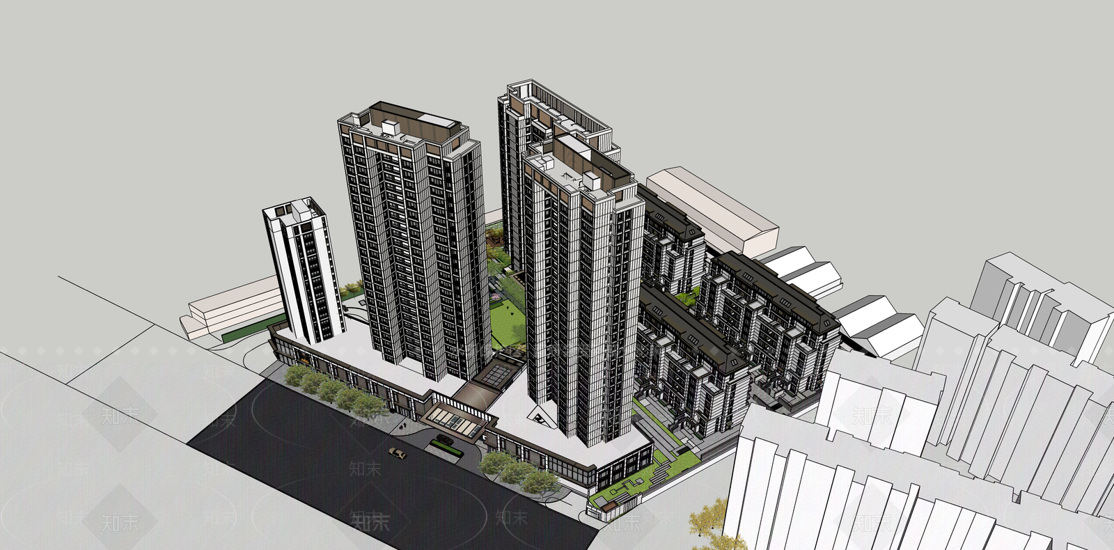 现代轻奢小区建筑SU模型下载【ID:1200511914】
