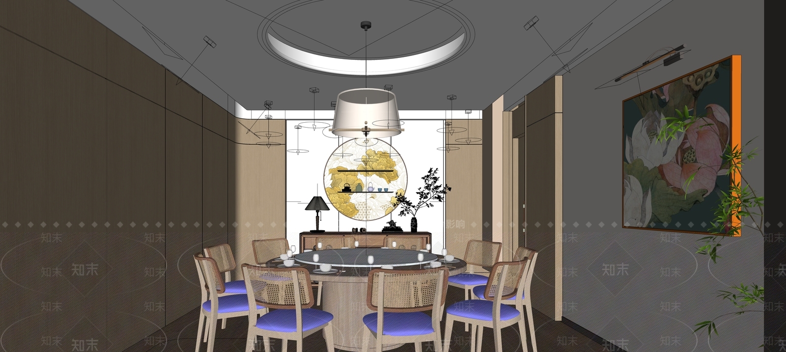新中式中古包厢SU模型下载【ID:1200524969】
