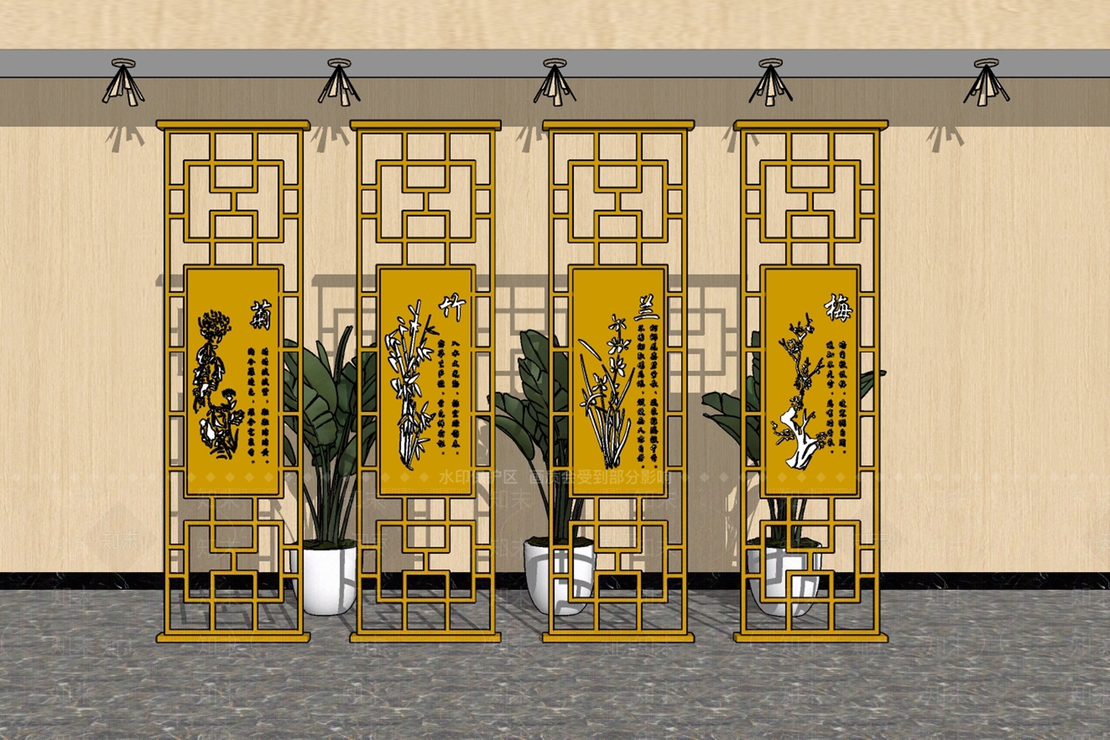 现代新中式屏风SU模型下载【ID:1200536363】