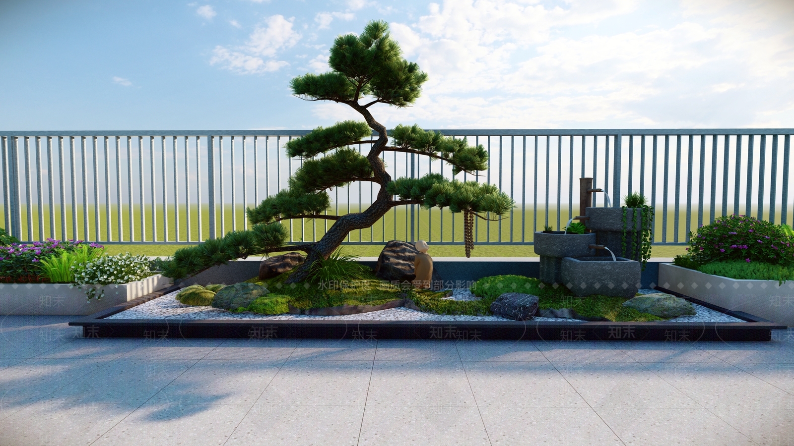 现代新中式屋顶花园SU模型下载【ID:1200540507】
