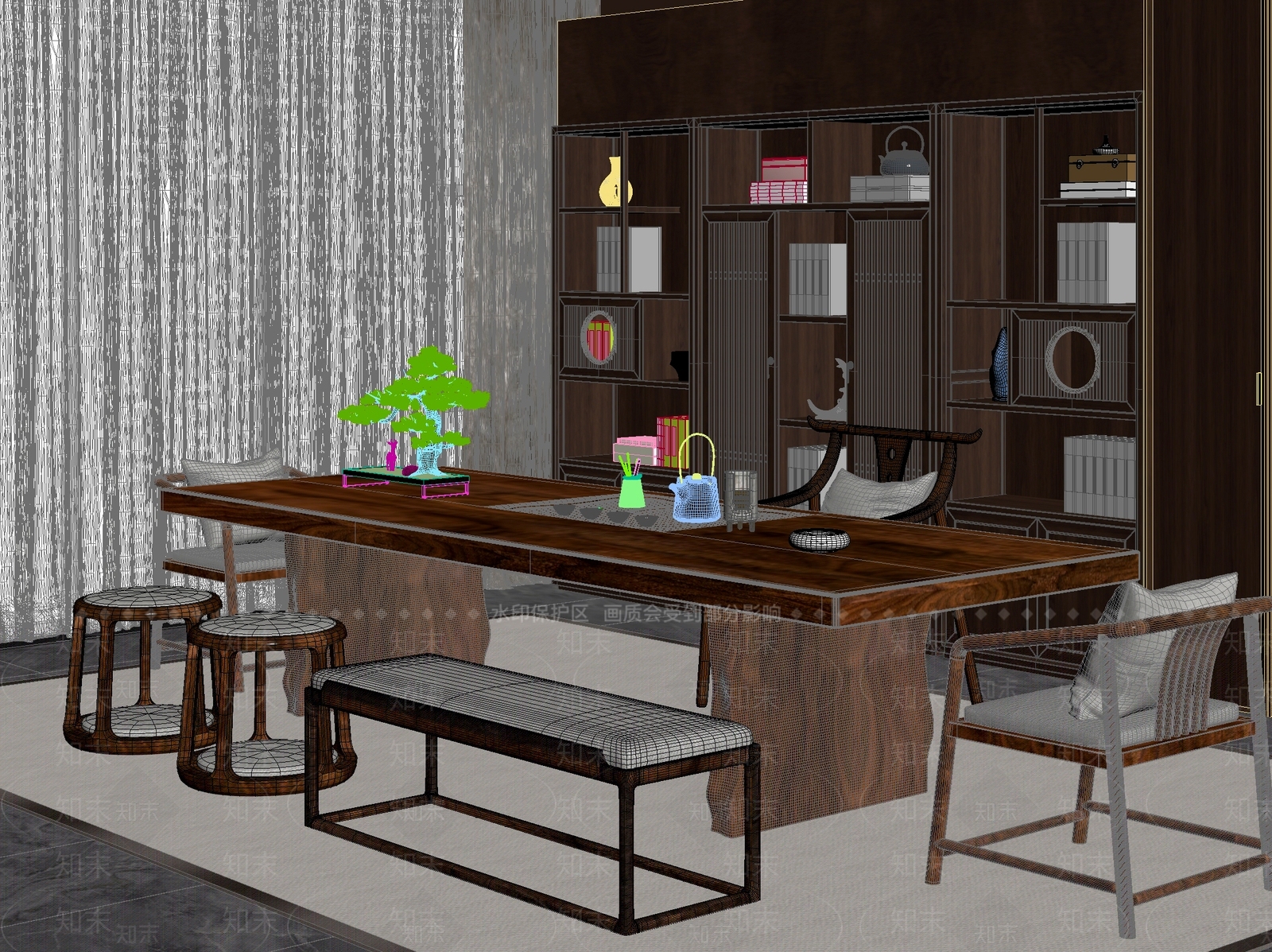 新中式中式茶桌椅3D模型下载【ID:1200569318】