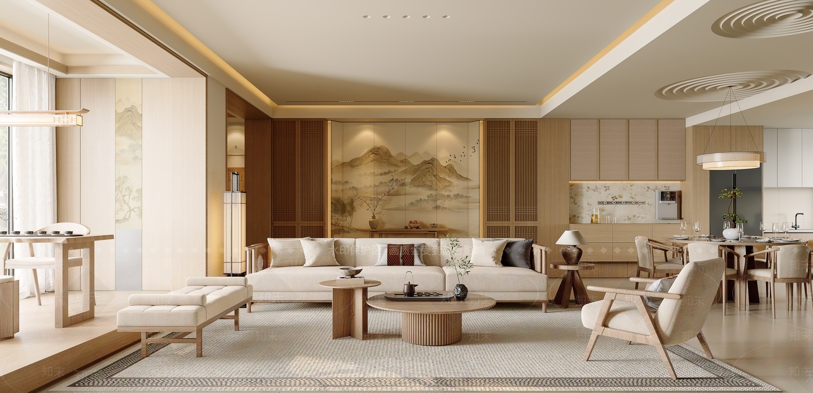 新中式禅意宋式客餐厅3D模型下载【ID:1200582500】