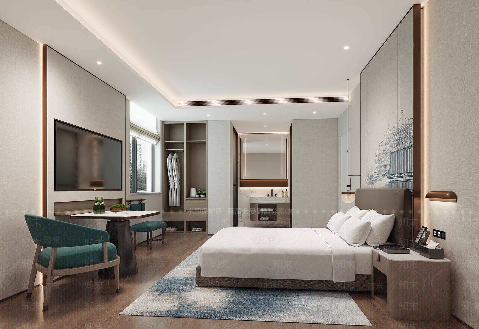 现代新中式酒店客房3D模型下载【ID:1200583660】