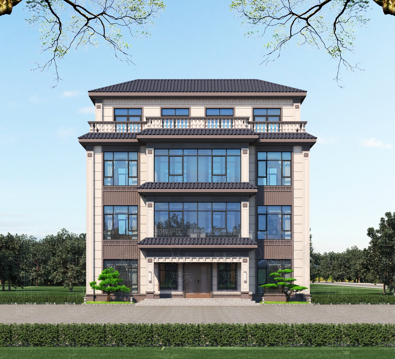新中式独栋别墅3D模型下载【ID:1200601386】