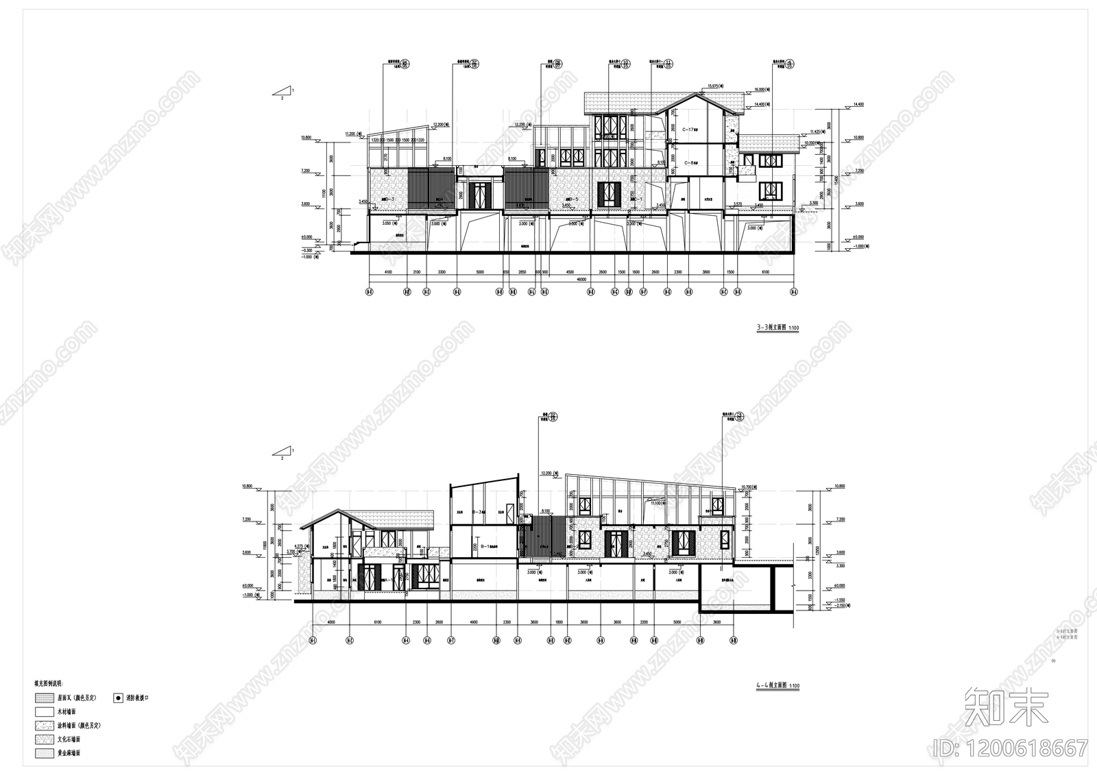新中式民宿建筑cad施工图下载【ID:1200618667】