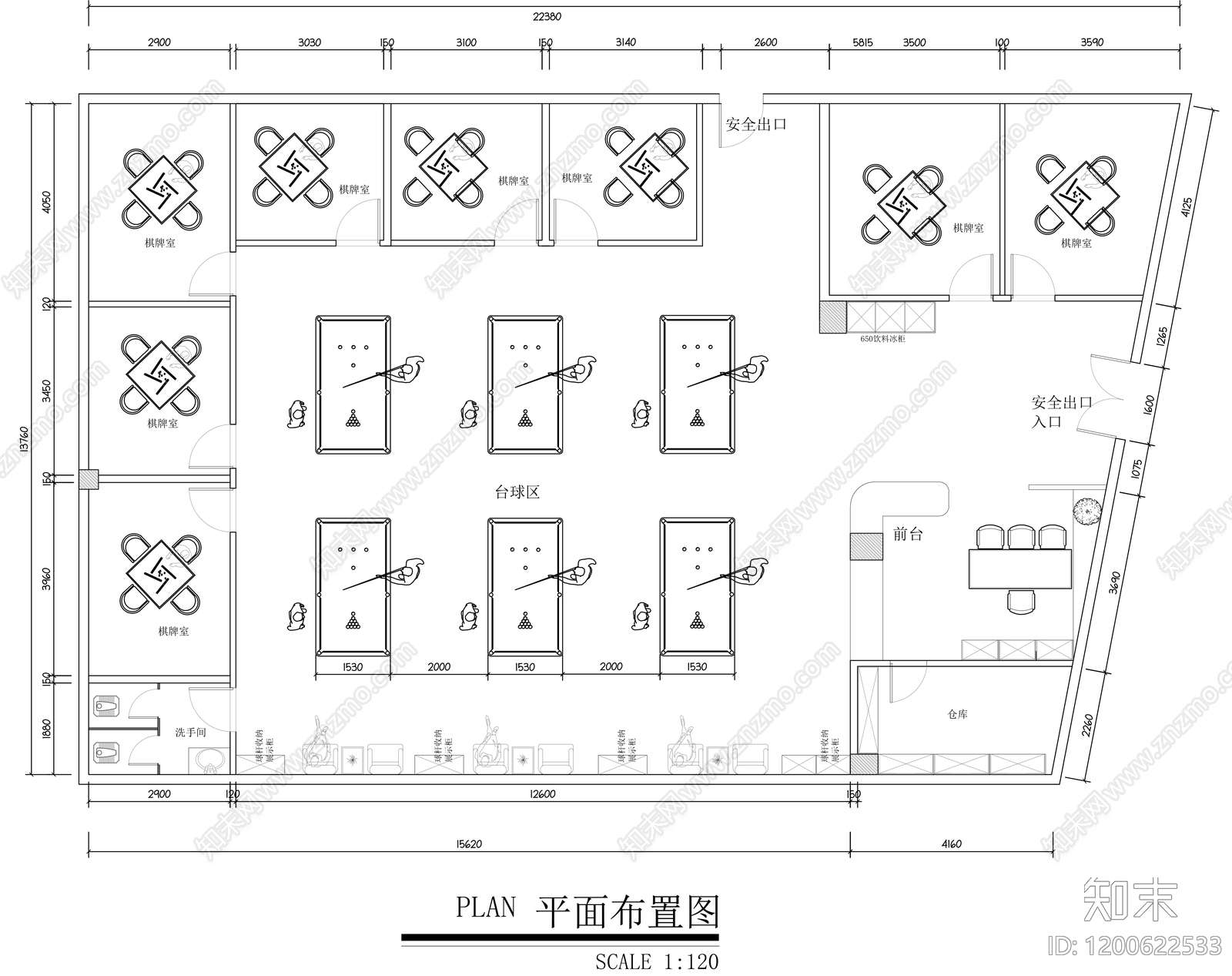现代简约台球厅施工图下载【ID:1200622533】