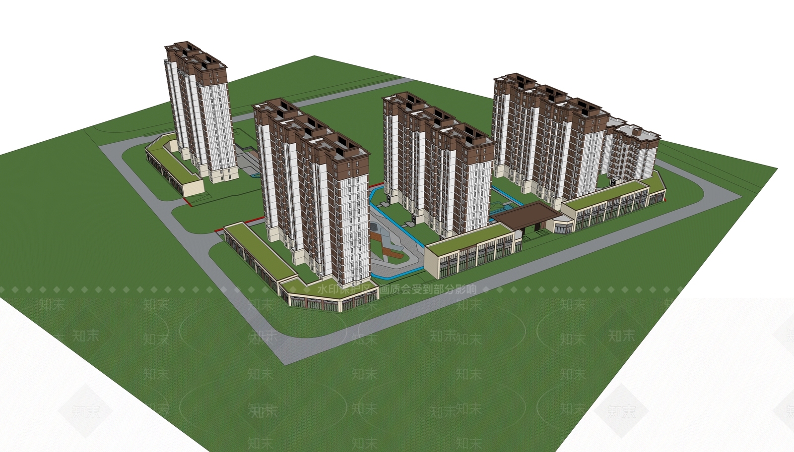 现代中式小区建筑SU模型下载【ID:1200625022】