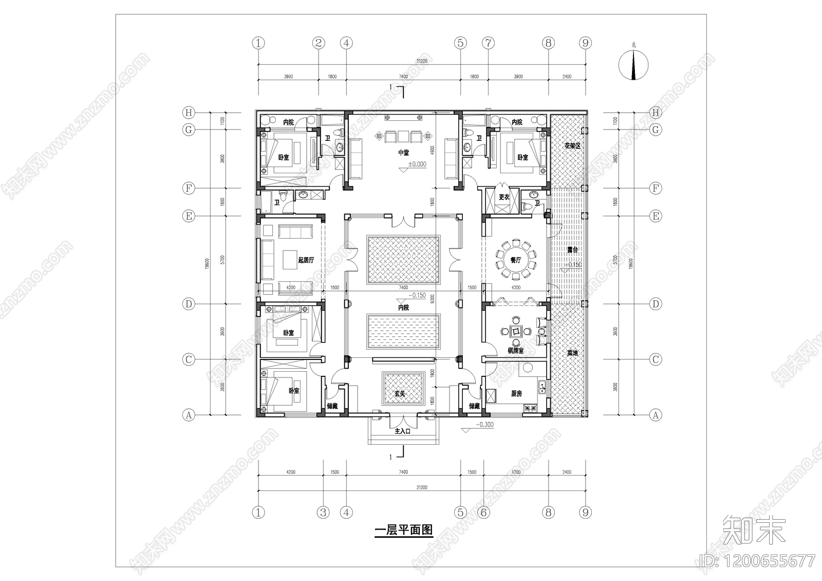 新中式中式别墅建筑cad施工图下载【ID:1200655677】