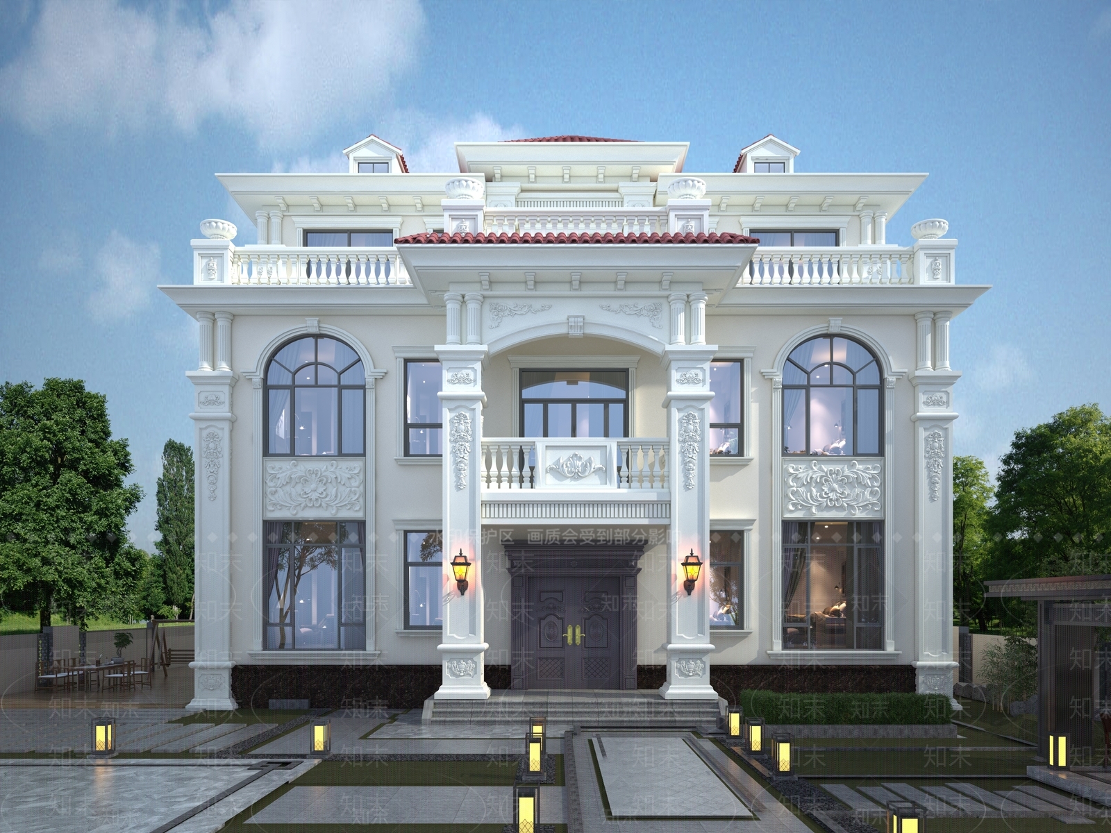 欧式简欧别墅外观3D模型下载【ID:1200677465】