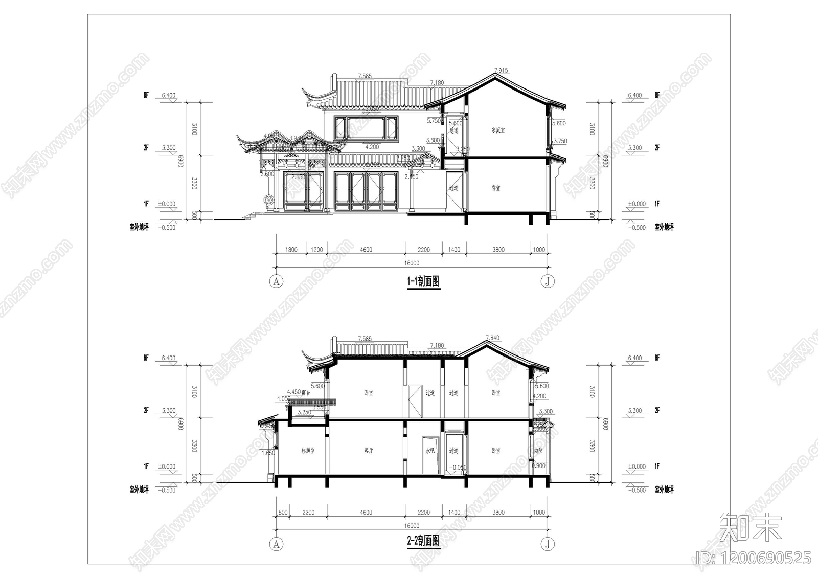 中式新中式别墅建筑cad施工图下载【ID:1200690525】